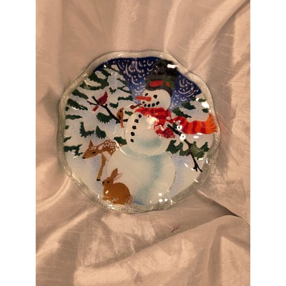 Peggy Karr Fused Glass Snowman Round Plate 8" Reindeer Winter Christmas 7.5" - Picture 2 of 7